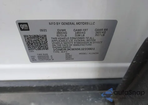 2021 Chevrolet Traverse Fwd Rs из США, поврежденный, VIN 1GNERJKWXMJ233801